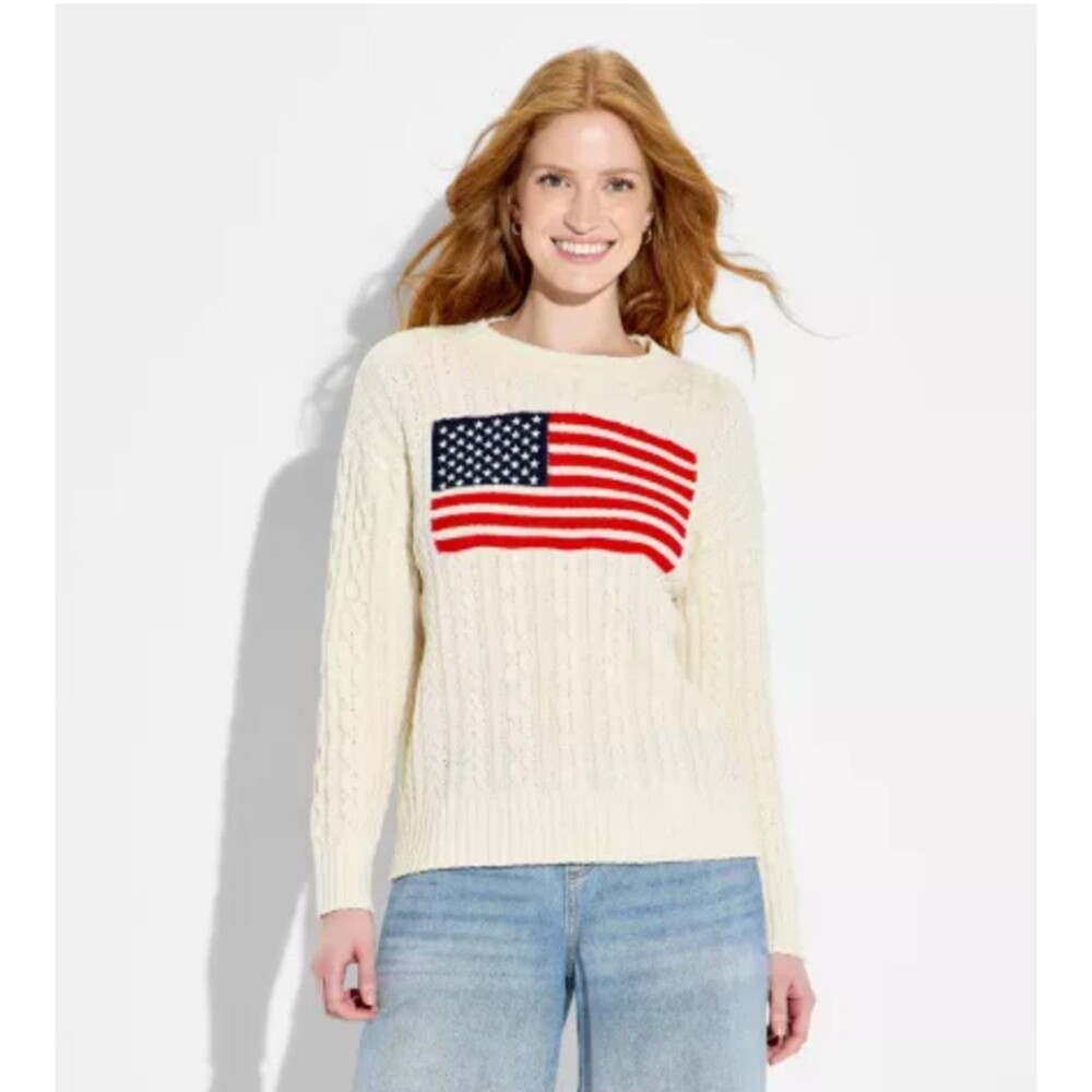 Women's Wild Fable Crewneck American Flag Pullover Sweater Off White XS